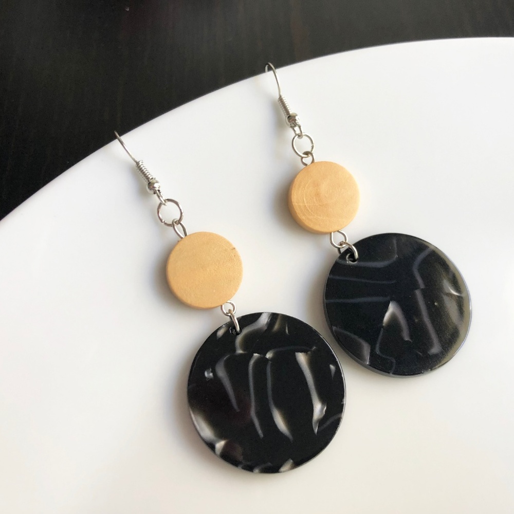NEW "Terra" Acrylic Wooden Round Earrings (Black) - Picture 2 of 8